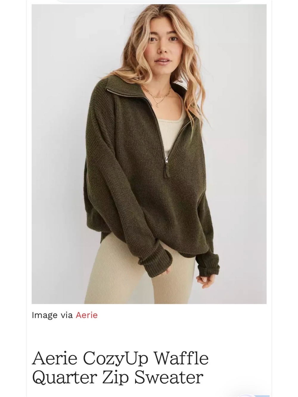 aerie Olive Waffle CozyUp Quarter-Zip Sweater Large